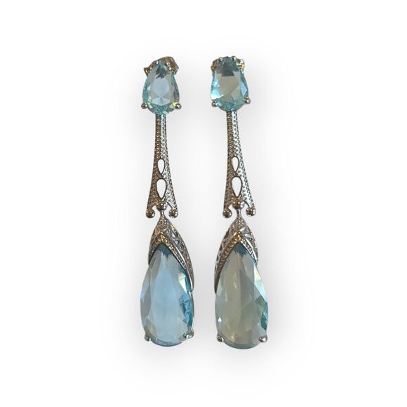 European Style Sky Blue Topaz Silver Woman Dangle Drop Earrings Wedding - Picture 6 of 7